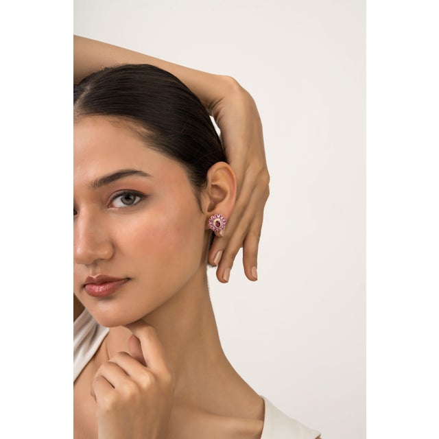 Ruby Red 6.55ct Ruby Pink Sapphire & Diamond Cluster Victorian Stud Earrings in 14k Gold- A Pair For Sale - Image 8 of 14