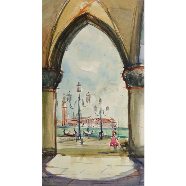 Stephane Magnard, Vintage Watercolor Landscape Painting - View of Venice For Sale