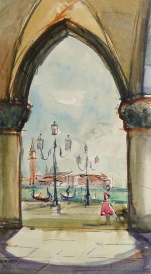 Stephane Magnard, Vintage Watercolor Landscape Painting - View of Venice