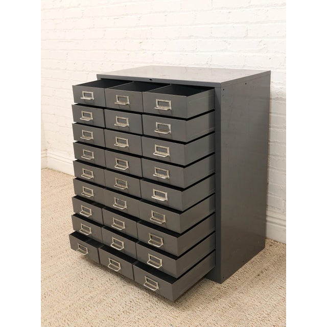 Mid 20th Century Industrial Steel Flat File Cabinet With 27 Label-Pull Drawers For Sale - Image 11 of 12