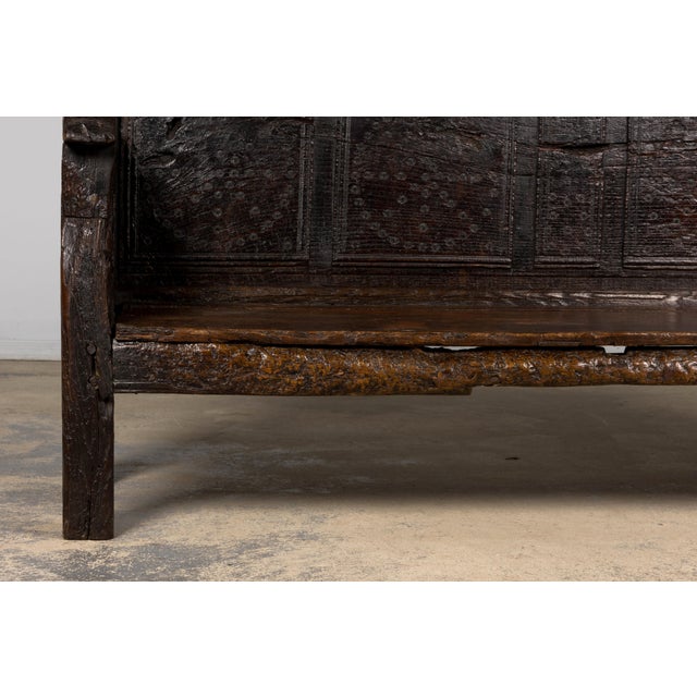 Brown 18th Century Spanish Rustic Oak Bench With Carved Panels and Dark Patina For Sale - Image 8 of 18