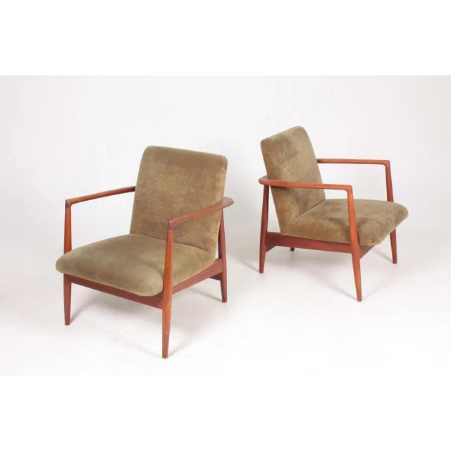 Pair of lounge chairs in oil finished teak and velvet. Designed and made by cabinetmaker C.B. Hansen. Great condition. I...