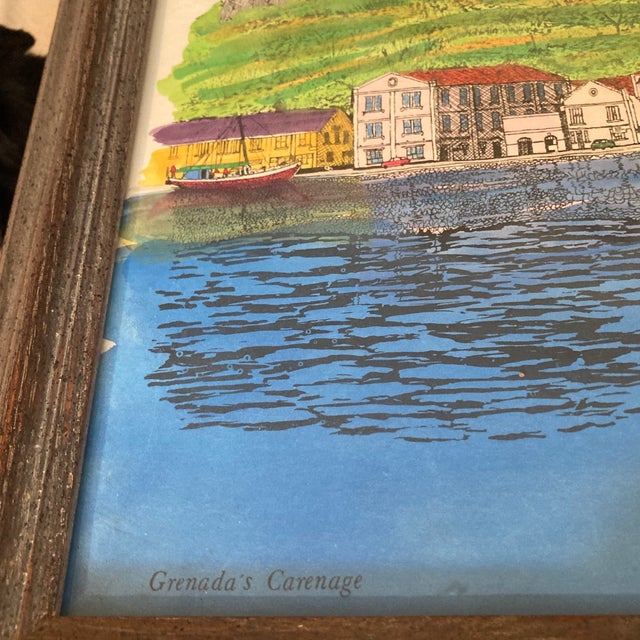 Paint 1980s Michael Donelan Watercolor "Grenada Seaside" — Panoramic Dark Wood Frame For Sale - Image 7 of 12