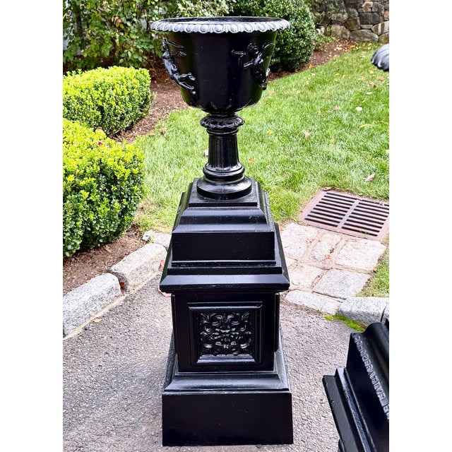 Metal Large Antique Black Cast Iron Garden Urns on Pedestals, Pair, Circa 1900 For Sale - Image 7 of 18