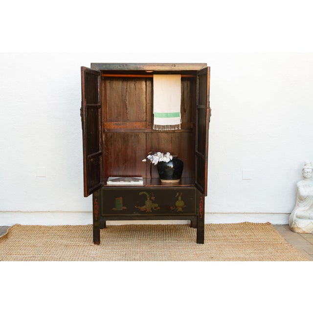 Chinese Antique Chinese Black Lacquer Armoire W/Painted Landscape For Sale - Image 3 of 12