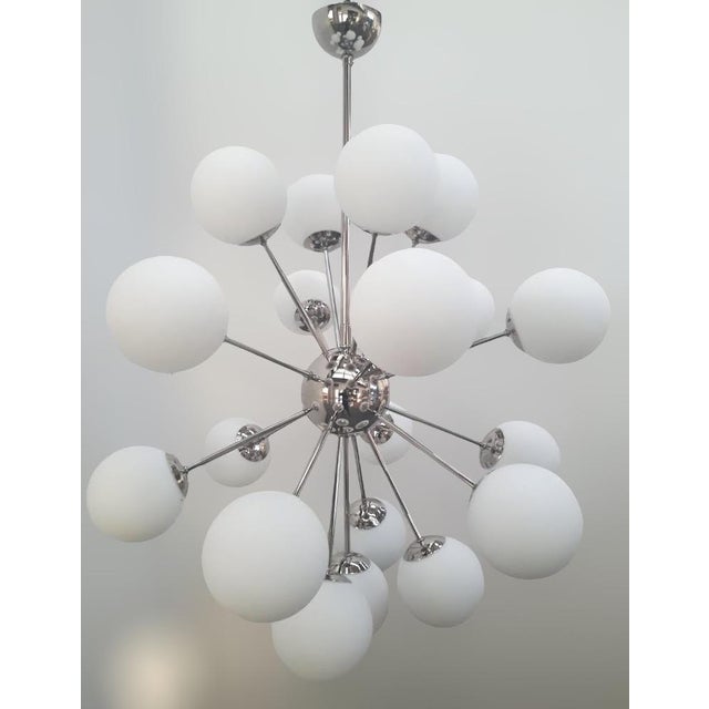 Italian sputnik chandelier with 21 matte white Murano glass globes mounted on polished nickel finish frame / Made in Italy...