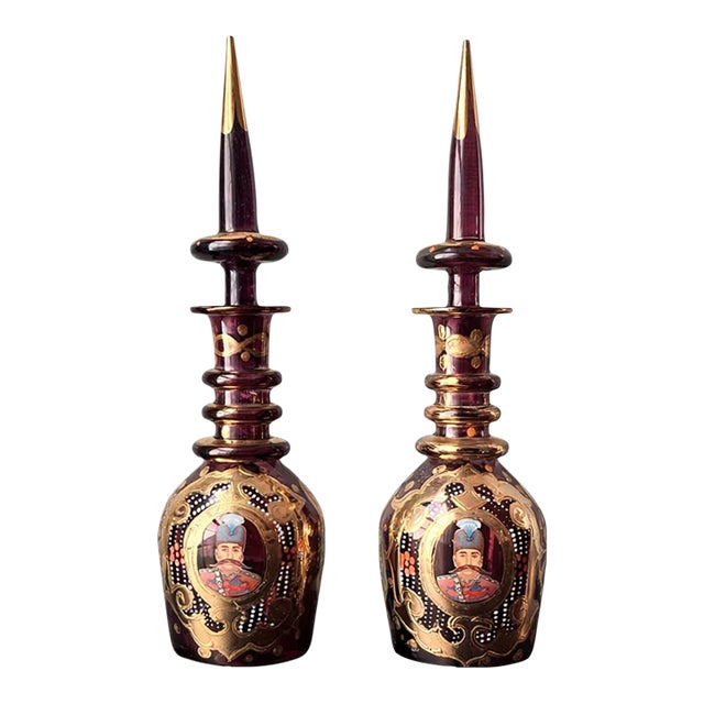 Antique Bohemian Gold Guilt Ruby Glass Decanters, for Middle Eastern Market - a Pair For Sale