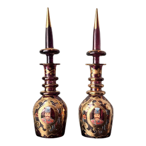 Antique Bohemian Gold Guilt Ruby Glass Decanters, for Middle Eastern Market - a Pair