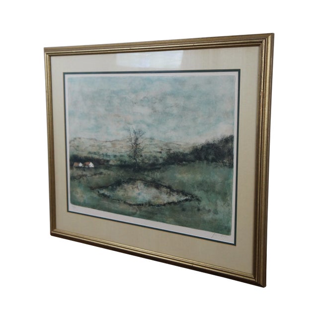 Vintage lithograph print on arches paper titled "Reflets" by Bernard Gantner, circa 1975, showing a country farmhouse...