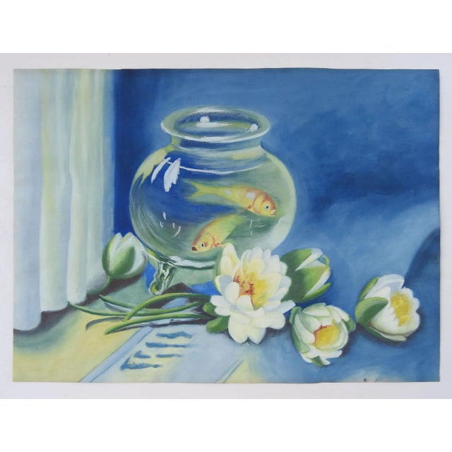 Vintage mid century gouache on paper still life painting. Goldfish in bowl and water lilies, lots ob right blue. Unsigned....