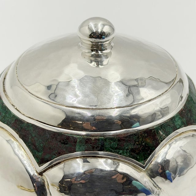 Metal 1960s Los Castillo Taxco Silver Plate & Malachite Lidded Bowl, Mexican Modernism For Sale - Image 7 of 18