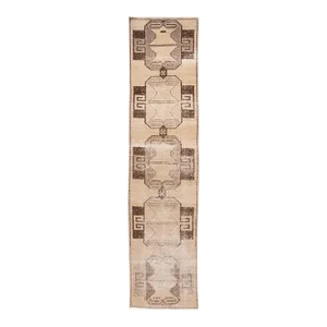Antique Turkish Handmade Beige and Brown Tribal Wool Runner