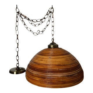 Mid 19th Century Italian Pencil Reed Rattan & Burnished Brass Dome Pendant, C. 1960 For Sale