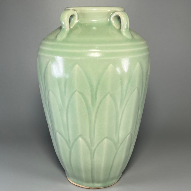 Chinese Antique Chinese Celadon Four‑Handle Vase With Carved Lotus Petals, Collectible Antique For Sale - Image 3 of 6