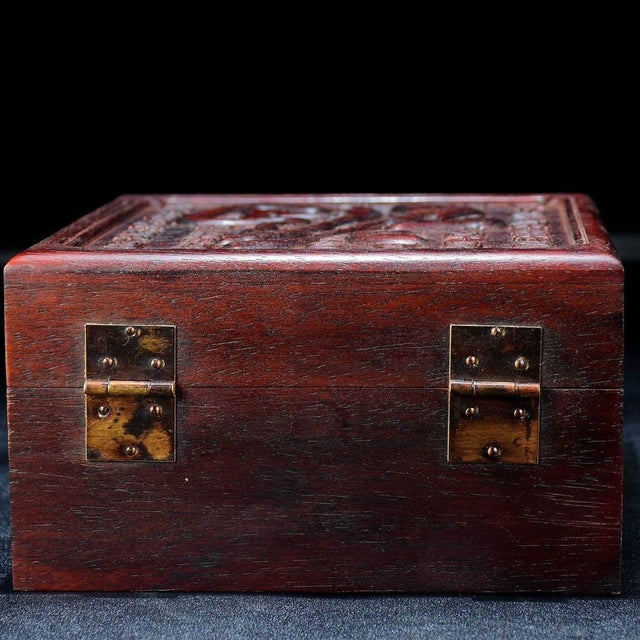 Red Vintage Carved "Hundred Blessings" Red Sandalwood Jewelry Box / Keepsake Chest For Sale - Image 8 of 10