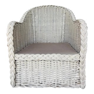 Vintage White Large Braid Rattan Barrel Back Chair Frame For Sale
