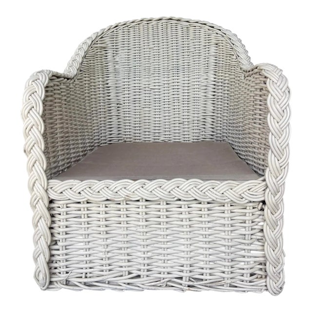 Vintage White Large Braid Rattan Barrel Back Chair Frame For Sale