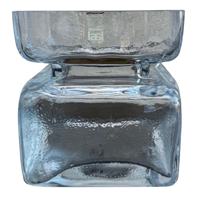 1960s Riihimaen Lasi Oy Finland Square Textured Glass Vase 4 1/2” Mid Century Modern For Sale