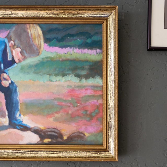 Royal Blue Bright Impressionist Oil Painting by Oregon Artist Boy Meets Squirrel For Sale - Image 8 of 10