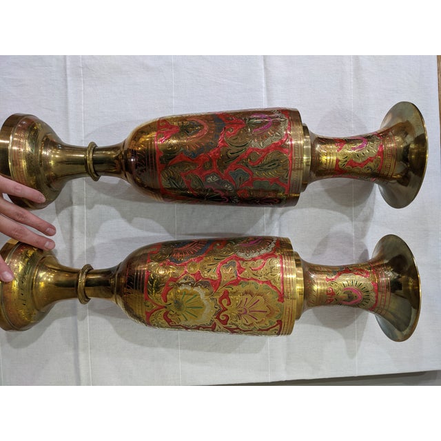 Large Vintage Brass Enamled Vase Set. Solid and heavy with a colored enamel design on brass.