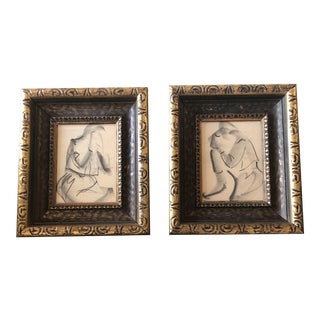 Gallery Wall Collection 2 Original Vintage Charcoal Figure Study Drawings Vintage Frames 1950's- a Pair For Sale