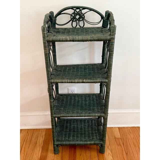 Shabby Chic Vintage Green Wicker Shelf With Four Tiers For Sale - Image 3 of 10