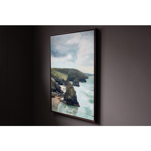 Turquoise Contemporary North Coast Tides by Jon Doran | Oil on Panel Sea Stack on the Cornish North Coast For Sale - Image 8 of 9