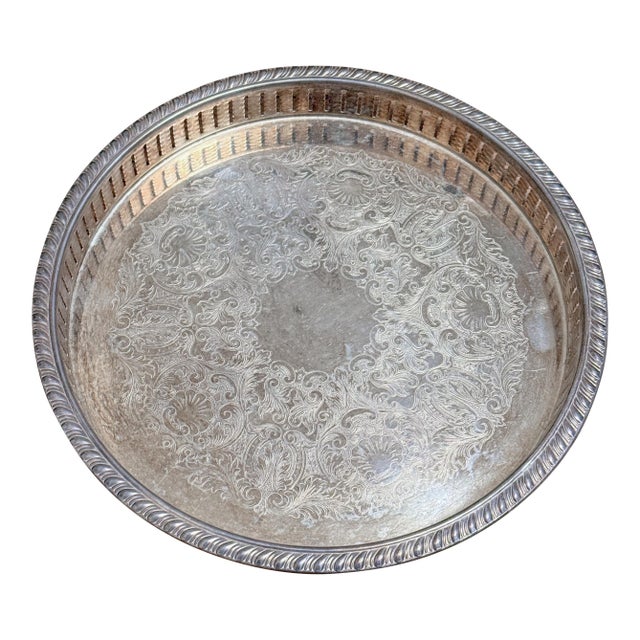 Vintage Eales of Sheffield Etched Silver Plate Pierced Gallery Serving Tray, 10" Dia For Sale