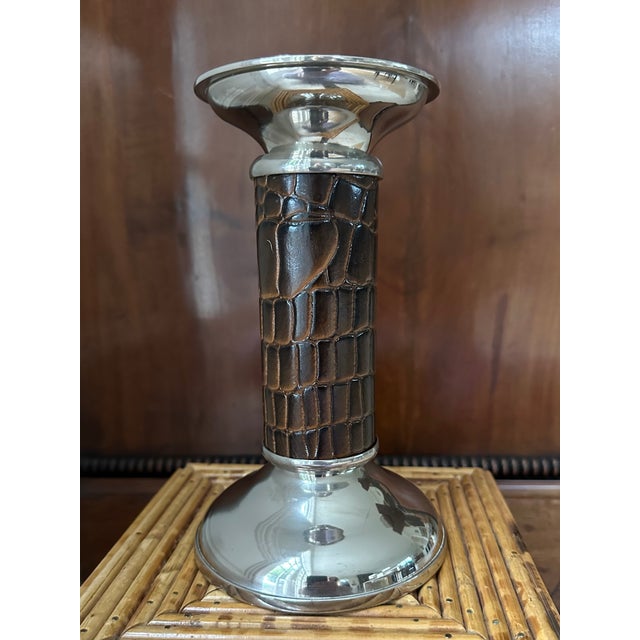 Brown Vintage 8” Leather and Silver Ralph Lauren Style Candleholder For Sale - Image 8 of 18