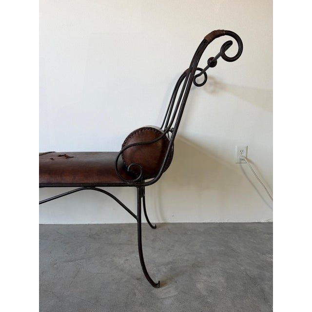 Vintage Rustic Wrought Iron & Leather Scroll Bench For Sale - Image 12 of 16