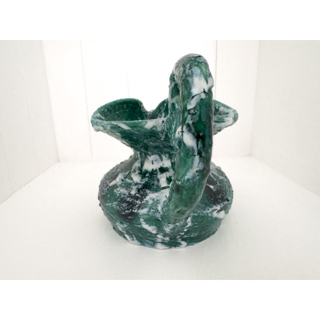 1970s Vintage Sculptural Green Lava Glaze Ceramic Ewer With Scroll Handle For Sale - Image 5 of 18