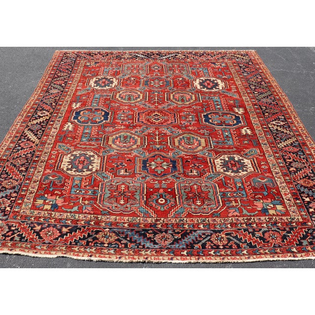 Textile Antique Heriz Rug With Red Field, Geometric Tribal Motifs and Navy Blue Border 9'2 X 11'10 For Sale - Image 7 of 17