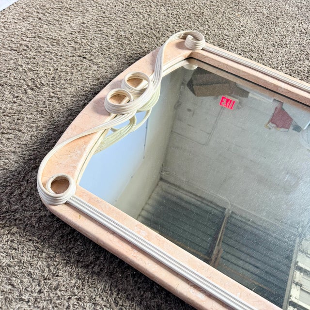 Wood Postmodern Pink Tessellated Stone Pencil Reed Ribbon Wall Mirror For Sale - Image 7 of 9