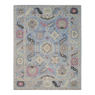 8x10 Blue Hand-Knotted Wool Floral Medallions Classic Traditional Carpet Rug For Sale