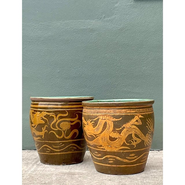 Vintage Chinese Dragon Motif Ceramic Planters - Pair For Sale - Image 4 of 12