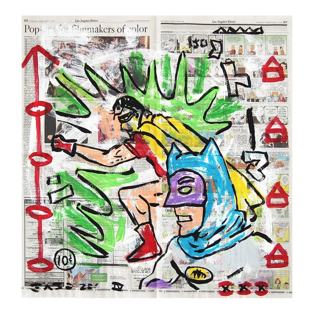Dynamic Duo - Original Comic Pop Art Acrylic Painting on La Times Newspaper For Sale