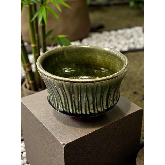 1990s Brad Tucker Cedar Creek Pottery Green Ribbed Bowl-Handmade Nc Studio Art-Glaze For Sale - Image 4 of 9
