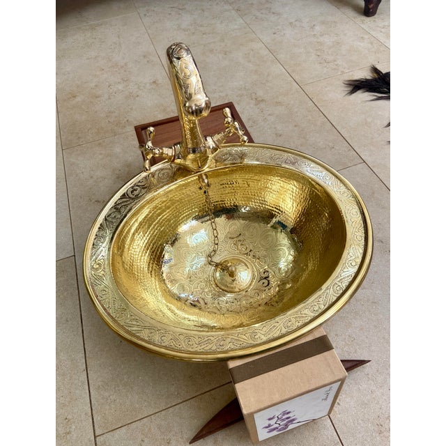 Brass Engraved Moroccan Brass Sink Basin & Faucet Bathroom Set - 2 Pieces For Sale - Image 8 of 8