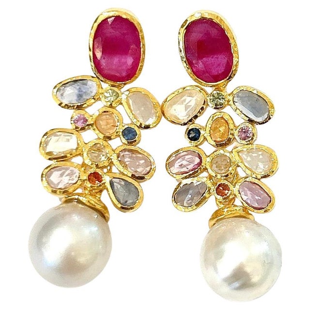 Bochic "Capri" Vintage Ruby & Multi Sapphire Earrings Set In 18K Gold & Silver For Sale - Image 15 of 18