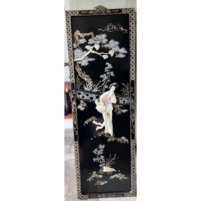 A set of four Chinese lacquer panels with carved mother-of-pearl inlay. These types of decorative pieces usually depict...