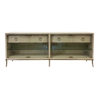 Modern American Drew Corsica Painted Gray Console Credenza Glass Doors Coastal For Sale