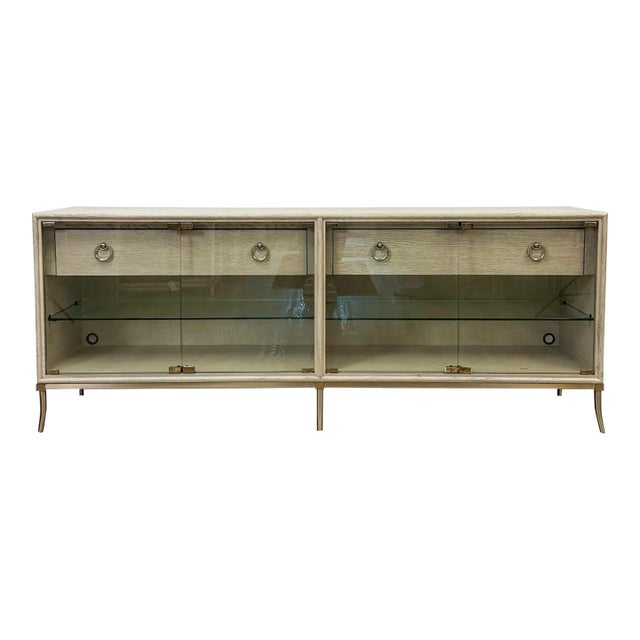 Modern American Drew Corsica Painted Gray Console Credenza Glass Doors Coastal For Sale