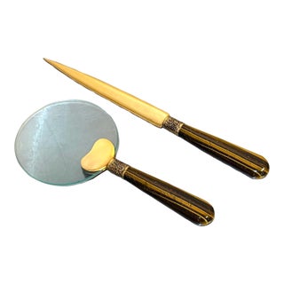 Gump's Tiger's Eye & Brass Magnifying Glass / Letter Opener Set For Sale