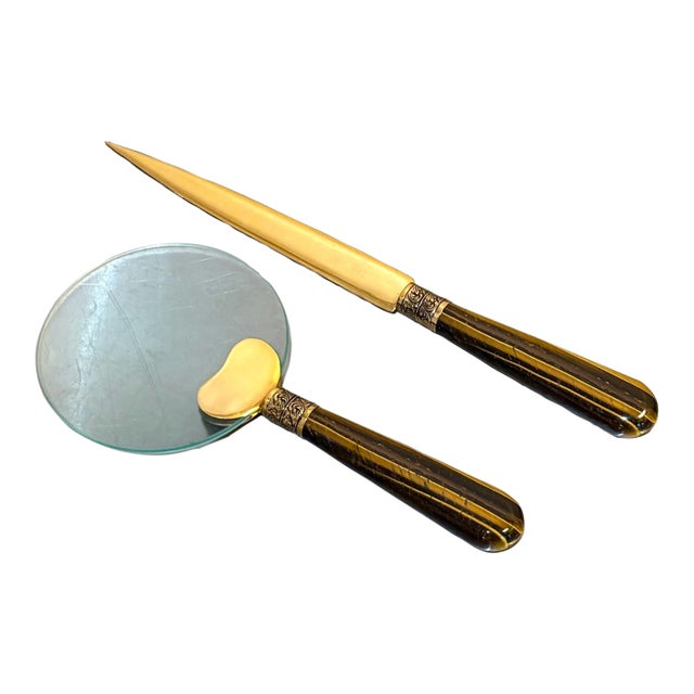 Gump's Tiger's Eye & Brass Magnifying Glass / Letter Opener Set For Sale