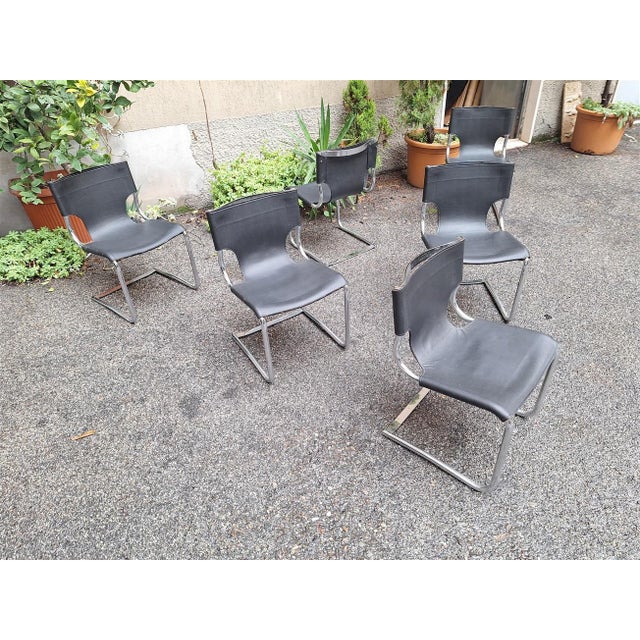 Model 920 Chairs in Chrome and Black Leather by Carlo Bartoli for T70, 1970s, Set of 6, in Very Good conditions. Designed...