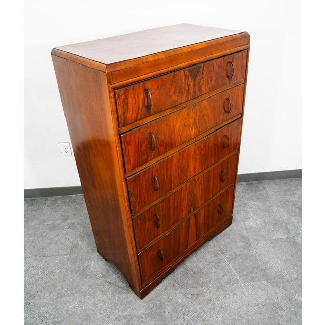 Mid Century Modern Highboy Dresser 5 Drawer Walnut Vintage MCM Metal Burl Wood For Sale - Image 12 of 12