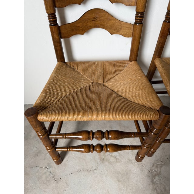 Vintage French Country Style Tall Ladder Back Rush Seat Dining Chairs – Set of 4 For Sale - Image 14 of 18