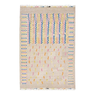 Beige Moroccan Berber Style Handmade Geometric Wool Rug For Sale