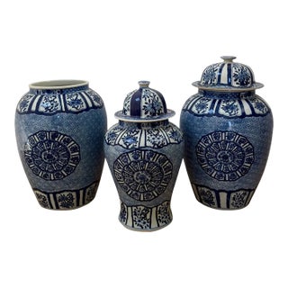 Set of 3 Large Blue & White Jars From Barclay Butera For Sale