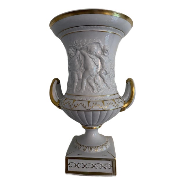 Vintage Sandizell Hoffner White & Gold Large Urn with Cherubs German For Sale